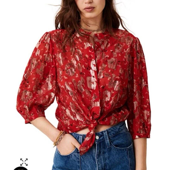 ba&sh Tanama Blouse Red Floral Gold Metallic Accents Women Size S/4 Fancy NWT - Picture 1 of 14